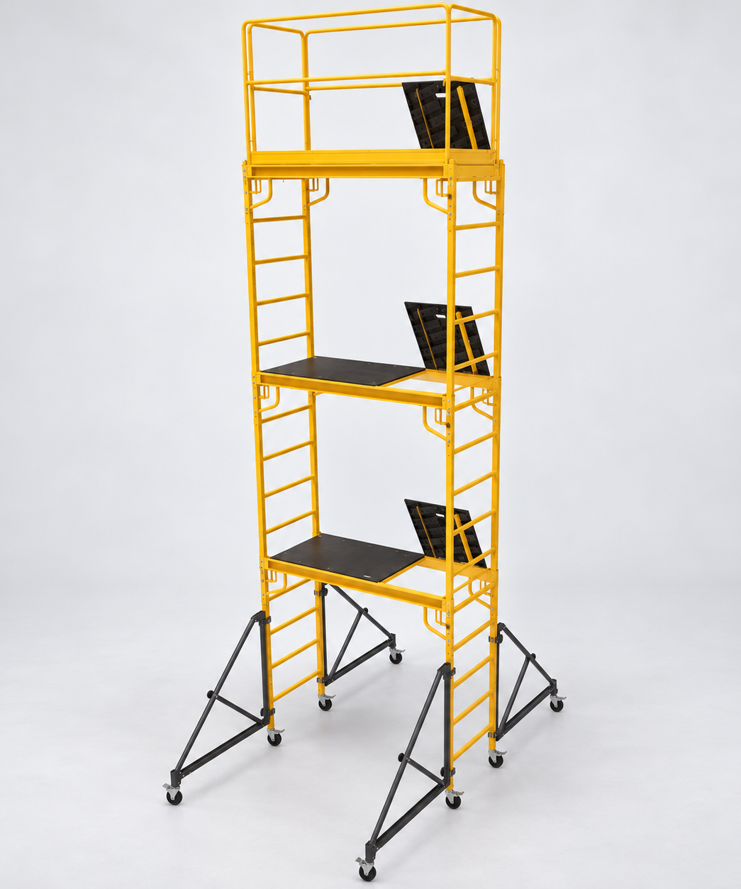 Yellow 18-foot rolling scaffold tower with platforms, guardrails, four outriggers and casters