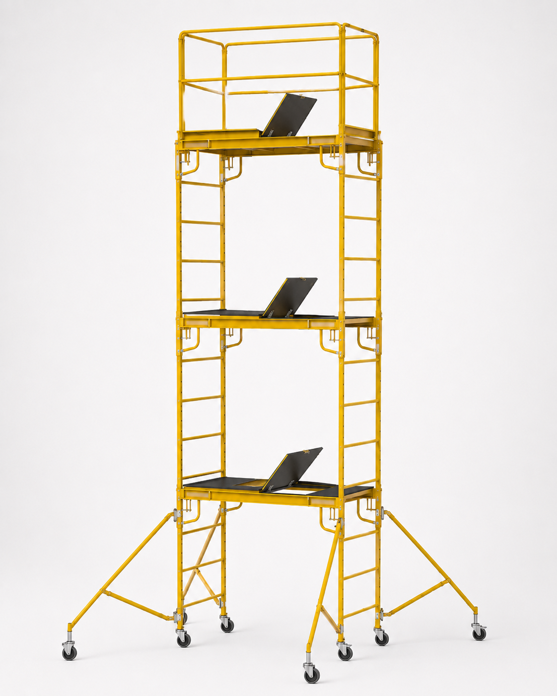 Yellow 18-foot MetalTech Baker-style rolling scaffold tower
